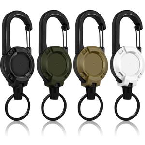 Retractable Keychain 4 Pieces Heavy Duty Carabiner Badge Holder Retractable Badge Reel ID Holder Extendable Key Ring Key Holder for 8 oz ABS Casing with 24 inches Steel Cord (Black + Green + Khaki + White)