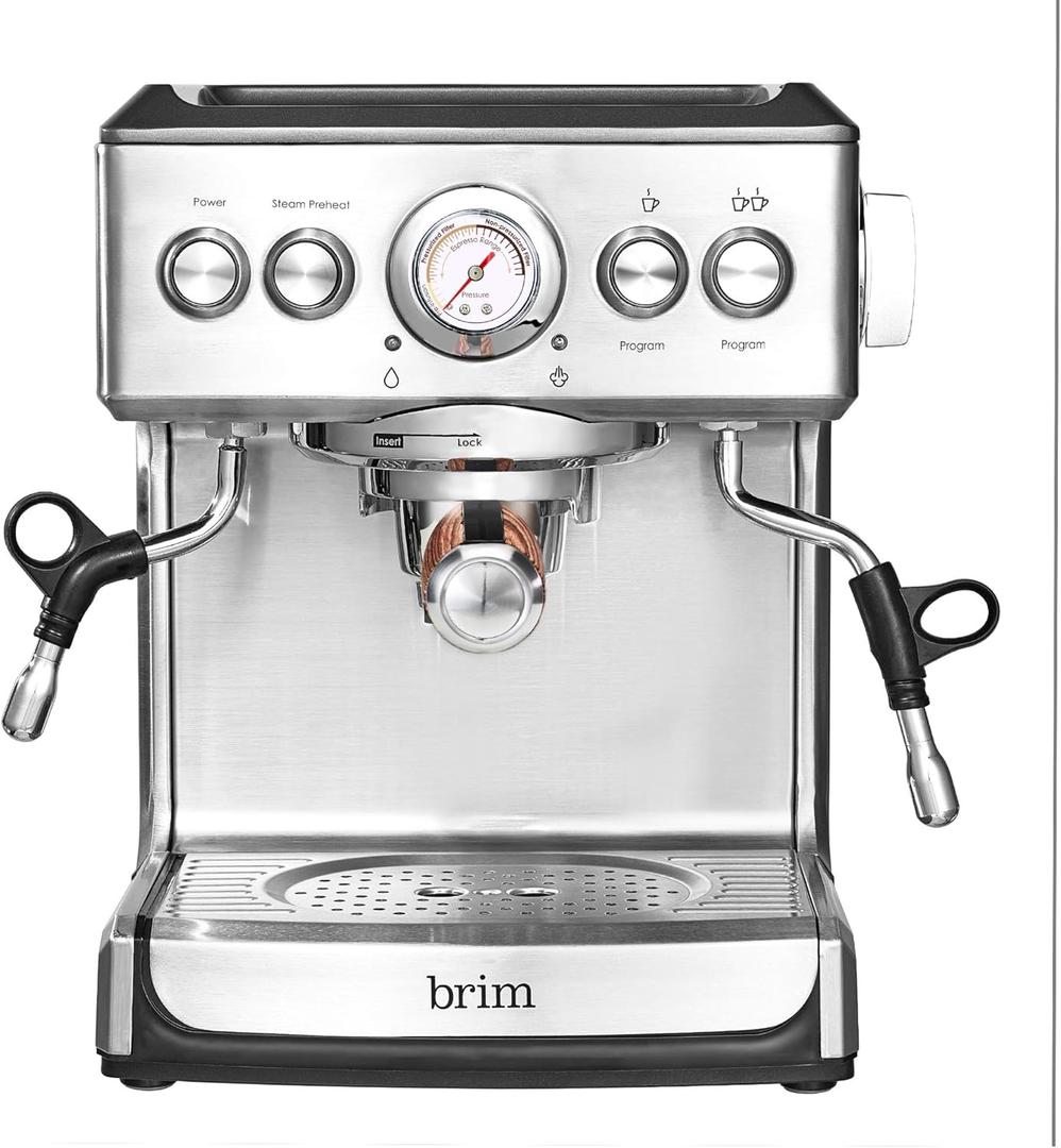 brim 19 Bar Espresso Machine, Fast Heating Cappuccino, Americano, Latte and Espresso Maker, Milk Steamer and Frother, Removable Parts for Easy Cleaning, Stainless Steel with Wood Accents