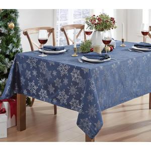 Newbridge Fancy Metallic Snowflake Christmas Fabric Tablecloth, 60 x 144 Inch Rectangle, Navy Silver, No-Iron Soil Resistant Sparkling Snowflakes Woven Holiday Table Cover