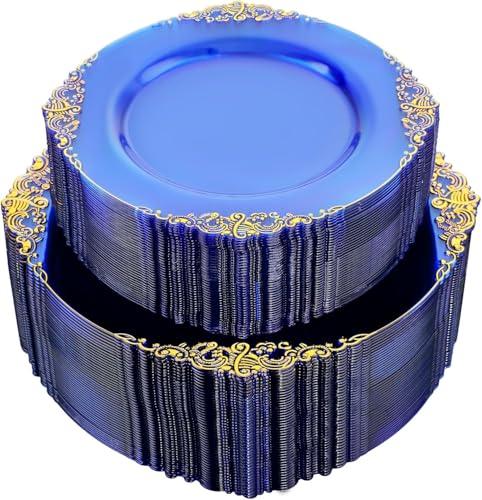 Joyido 102PCS Blue Plastic Plates - Royal Gold Disposable Plates - Clear Blue Party Plate - Heavyweight Disposable Plate with Gold Rim - Fancy Dinner & Dessert Plates for 51 Guests Party Wedding