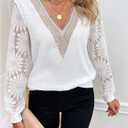 BEAUDRM Women's Floral Lace Blouses Long Sleeve V-Neck Autumn Work Shirt Office Shirt Tops (S)