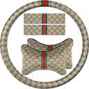Steering Wheel Cover for Women with 2 Car Headrest Pillow and 2 Seat Belt Cushions Shoulder Pads Universal fit 14 1/2"-15" Steering Wheel Beige