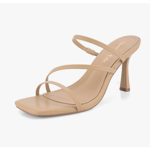 Shoe'N Tale Strappy Kitten Heels For Women Stiletto Mules Square Open Toe Slip On Sandals Natural Nude 8