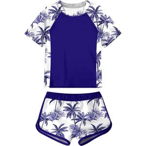 ADUKIDE Girls Swimsuits with Chest Pad Rash Guard Bathing Suit Hawaii Two Piece Swimwear Short Sleeve Beachwear Size 15T