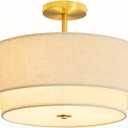 Double Drum 3 Light Semi Flush Mount Ceiling Light, Close to Ceiling Light Fixture, 16 Inch with Fabric Linen Shade, Gold Brass, for Living Room, Bedroom, Dining Room,Hallway and Entryway