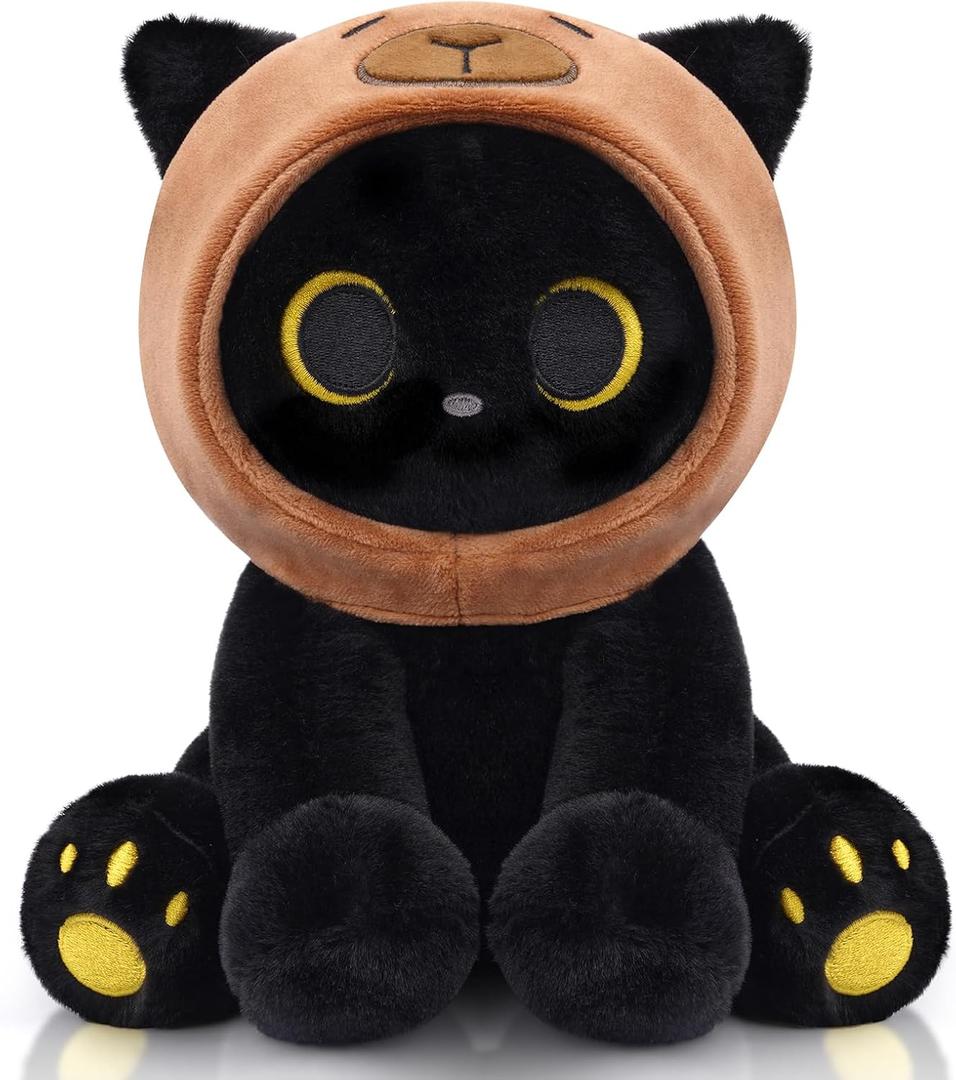 Capybara Plush Stuffed Cat, 8inch Black Cat Plush Wear Capybara Hood, Cute Kitten Plushies Kawaii Huggable Gift for Kids, Boys, Girls, Birthday