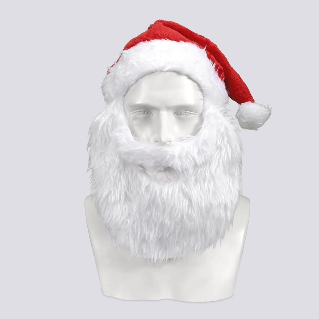 Santa Claus Hat and Beard for Adult Men, Christmas Beanie Hats with White Plush Beard, Funny Xmas Party Cosplay Props