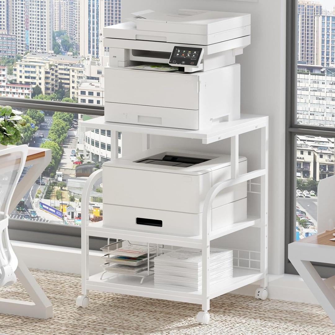 Lerliuo Large Printer Stand with Storage, 23.6"W x 18.9"D x 30.2"H, 5-Adjustable Shelf Heights Mobile 3 Tier Table with Lockable Wheels, Industrial Rolling Printer Cart, White Stands for Home Office