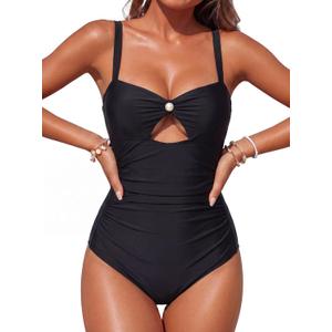 Smismivo Tummy Control One Piece Swimsuit for Women Vintage Cutout Bathing Suit Long Torso Full Coverage Swimwear (Black)