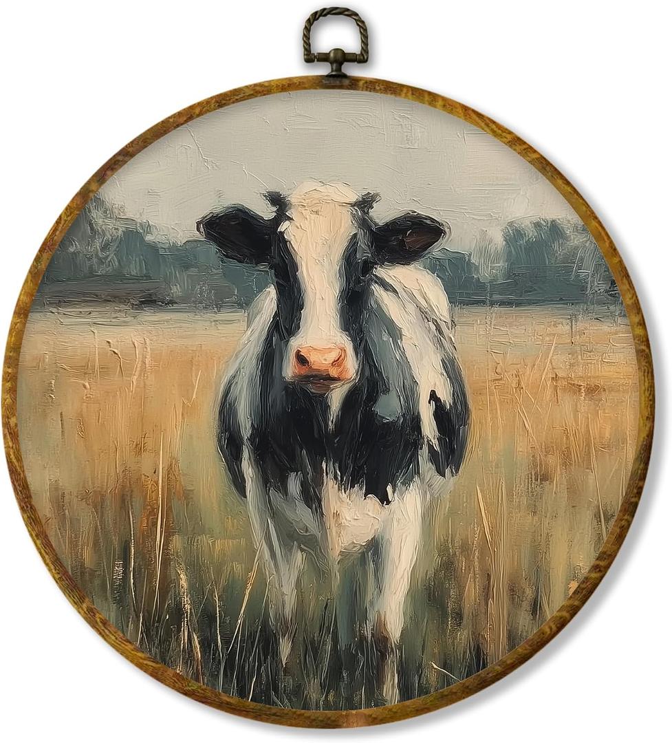 Hiuwevt Vintage Cow Round Wall Art Decor, Cottagecore Milk Cow Framed Canvas Prints, Rustic Farmhouse Animal Round Wall Hanging Decor for Country Home Living Room Decorations, 10x10 Inches