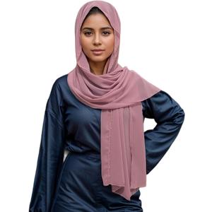 Fashion Chiffon Hijab For Women,Scarf With Gold Bead Chains Decorated Abaya Accessories Muslim Headscarf Shawl (Gray)