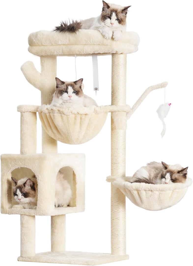 Heybly Cat Tree, 39.4 Inches Tower Condo with Scratching Post, Cat Tower for Indoor Cats, Fully Wrapped Sisal Pole, Soft Platform, 2 Baskets and Dangling Toy, Beige HCT006SM
