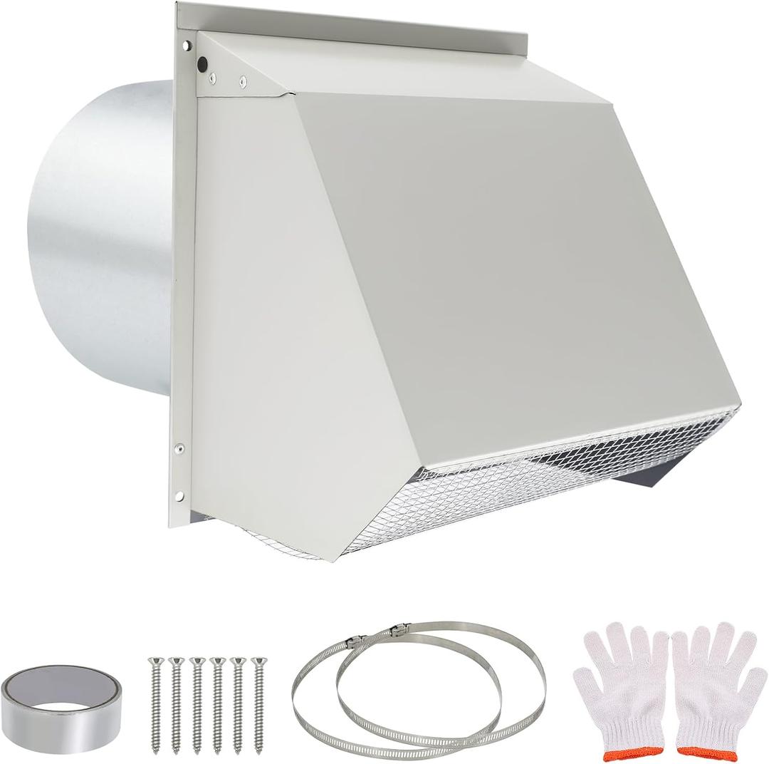 Upgraded 8 Inch Hooded Wall Vent, Outdoor Wall Exhaust Vent Cover Wall Cap with Screen & Damper for Exterior Kitchen Range Hood, Ventilation Dryer, HVAC Duct Air Exhaust, Galvanized Steel, White