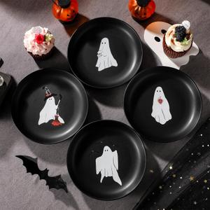4 Pack Halloween ceramic Plates Stoneware Appetizer Ghost Plates Reusable Spooky Round Dinner Dessert Tableware for Serving Table Decor & Gifts Halloween Lovers