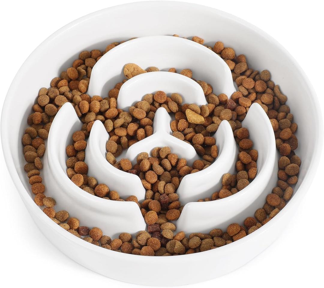 Ceramic Slow Feeder Dog Bowls,2.0 Cups Slow Feeder for Medium Breed,Puzzle Dog Food Bowl to Slow Down Eating, Anti-Gulping, Stop Bloat, Preventing Choking, 8in, White