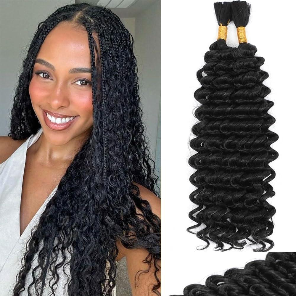Human Braiding Hair For Boho Braids Deep Wave Bulk Human Boho Hair for Braiding 12A Brazilian Virgin Human Hair Extensions for Boho Braids 2 Bundles/Pack 1b Color