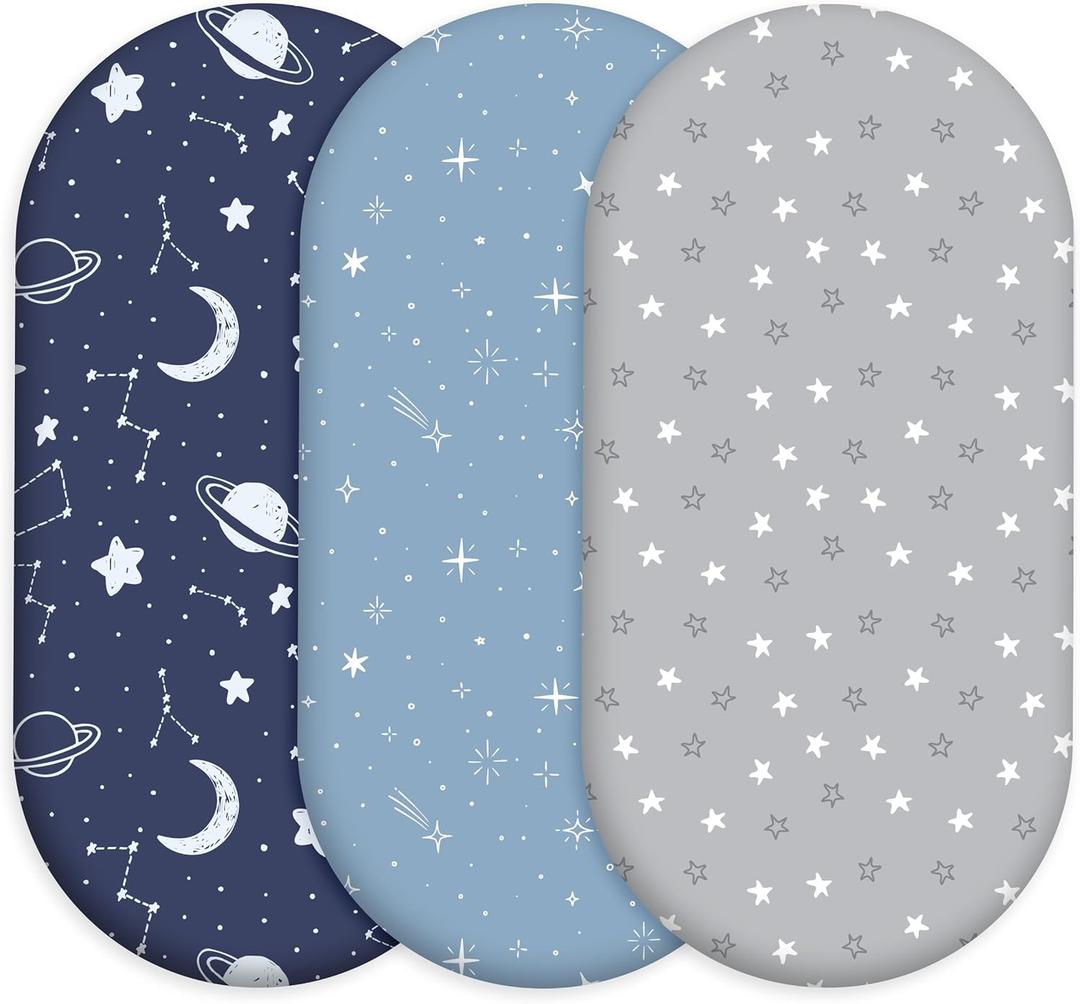 Baby Bassinet Sheets 3 Pack, Fitted Cradle Sheets for Boys & Girls, Ultra Soft Breathable 32" x 16", Universal Fit for Rectangle Round Oval Hourglass Mattress (Blue Gray Planet)