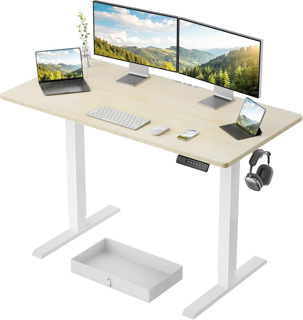 Marsail 48x24 Electric Standing Desk with Drawer, Computer Desk, Sit Stand Office Table with Storage & Hooks & Cable Management, Ergonomic Height Adjustable Table for Home Office, Maple