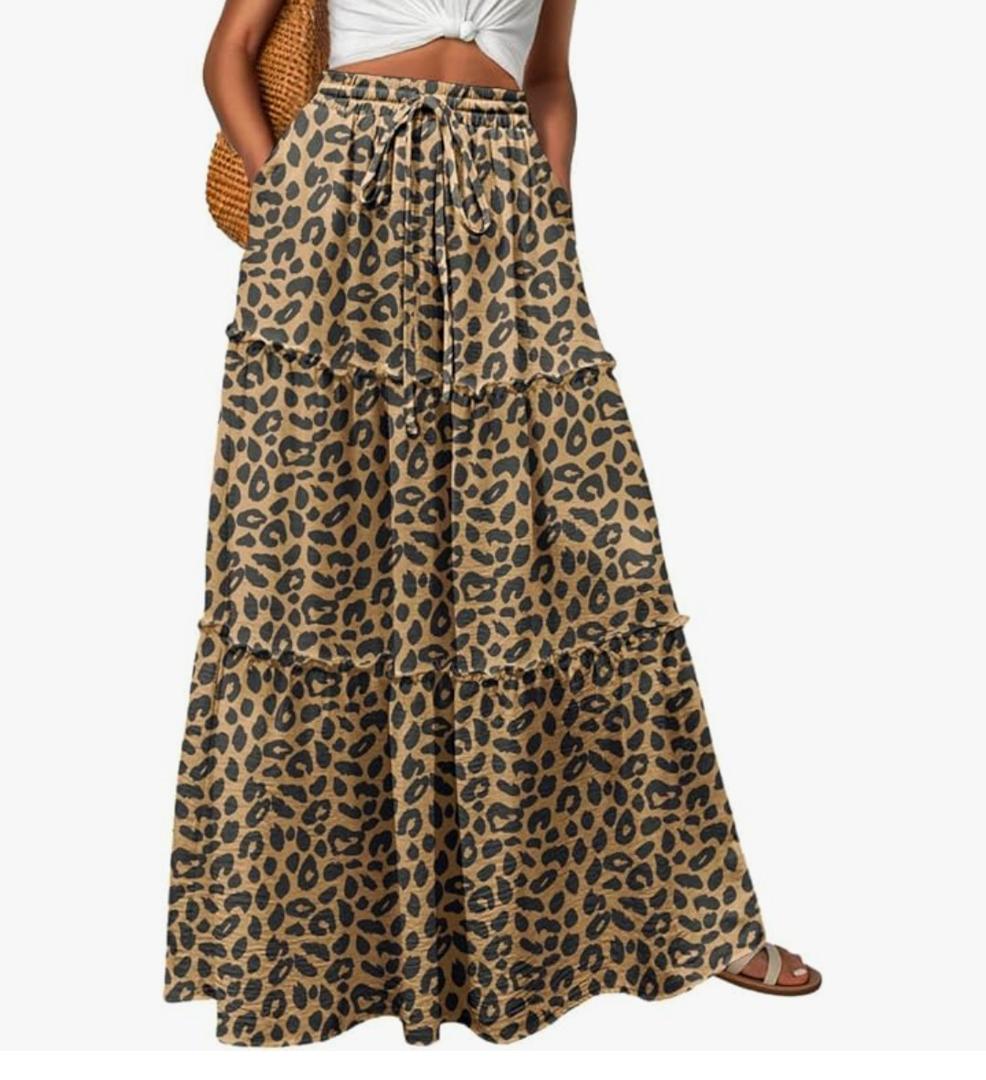 Lepunuo Womens Casual Waisted Flowy Maxi Skirts Trendy Floral Cute Long Skirts Size 2XL Leopard Print