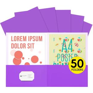 50Pcs Purple Folders with Pockets and Business Card Holder,Two Pocket Folders for School,Home or Office,Durable Heavy Duty File Folders