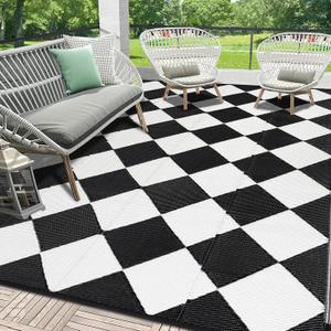 HEBE Outdoor Rug Waterproof 9x12, Reversible Plastic Straw Rug RV Camping Rug, Indoor Outdoor Patio Mat Clearance, Outside Carpet for Porch,Deck,Camper,Balcony,Backyard,Picnic (White/Black)