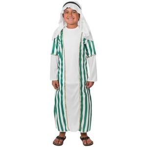 Fun Express Boys Shepherd Costume for Christmas Nativity Play - Kids Biblical Costume with Robe & Headpiece | Green White Striped Tunic for Pageant, Church & Holiday Programs | Child Medium 40.25"