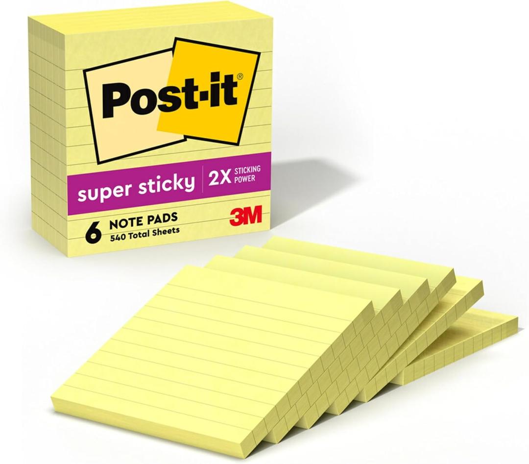 Post-it Super Sticky Lined Notes, 6 Sticky Note Pads, 4 x 4 in., Ideal for Organization in Your Dorm, Home or Office, Canary Yellow