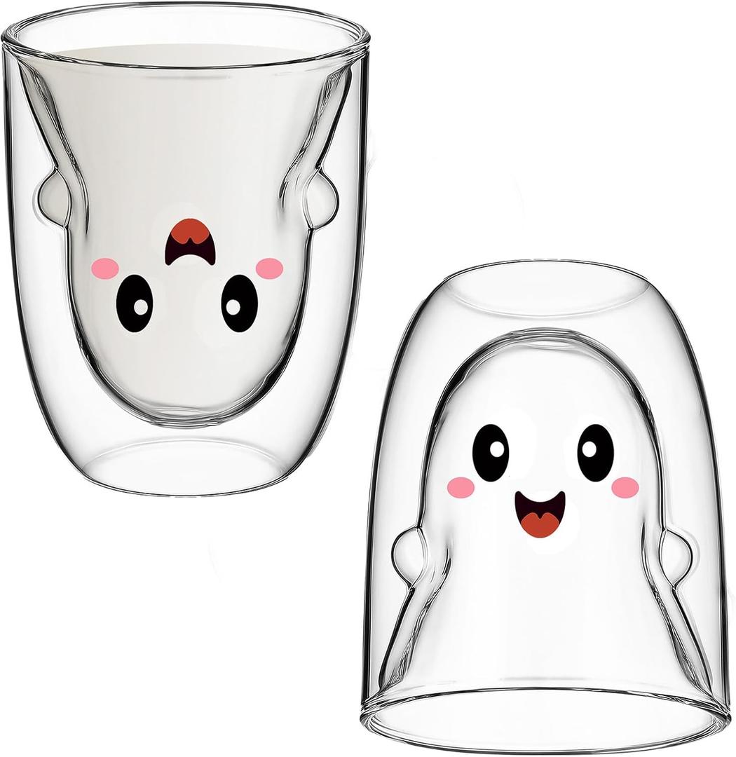 Honeydak Halloween Ghost Glass Coffee Mug 10 oz Cute Tea Milk Cup Ghost Double Wall Glass Insulated Spooky Cup Gifts Heat Resistant for Hot Cocoa Milk Halloween Party Supplies(Clear,Cute)