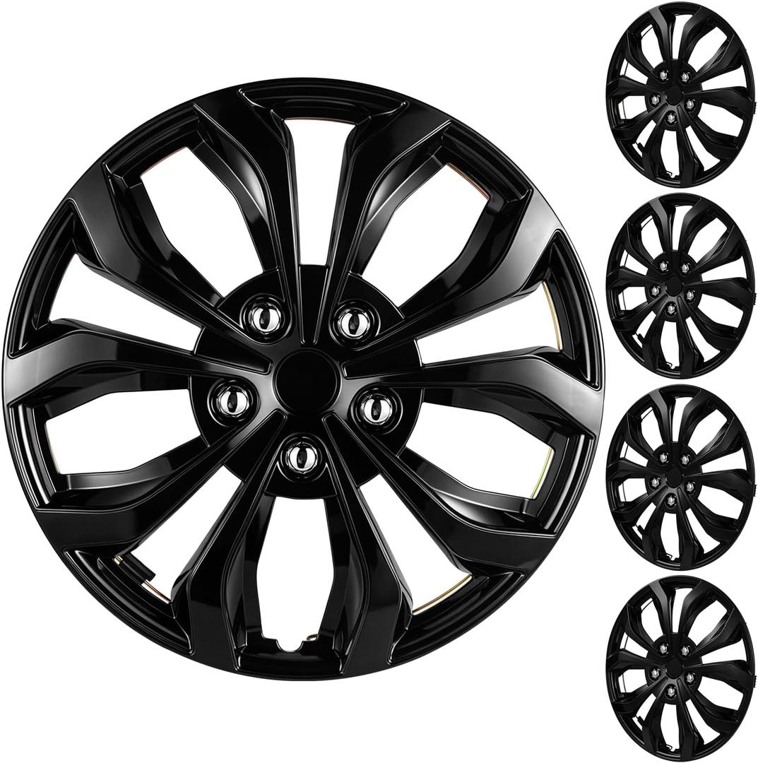 17 Inch Glossy Black Universal Hubcaps Wheel Rim Covers, 4 Pack Snap-On Replacement Wheel Covers for Cars, Trucks and SUVs with Flat Steel Wheels (Black)