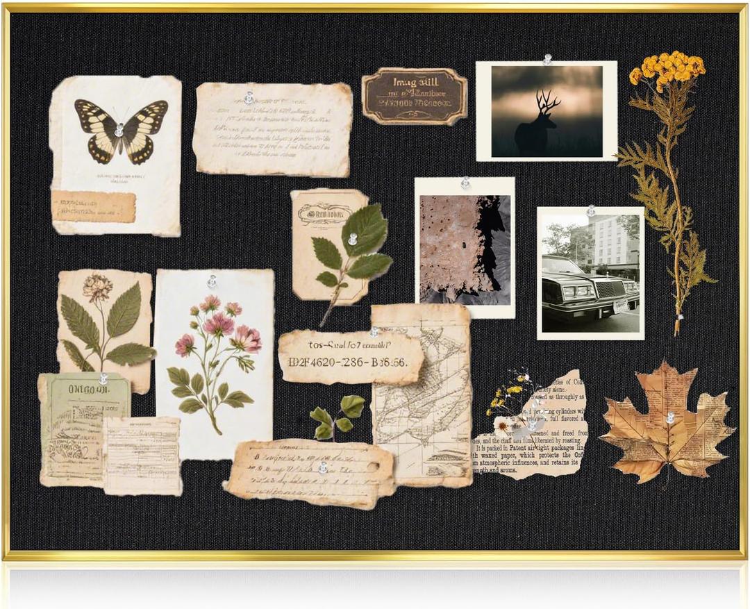 Black Bulletin Board with Linen, 24"x18", Cork Boards for Walls with Gold Aluminum Frame, Hanging Pin Board Vision Board for Home Office Kitchen Room Decor, 10 Push Pins