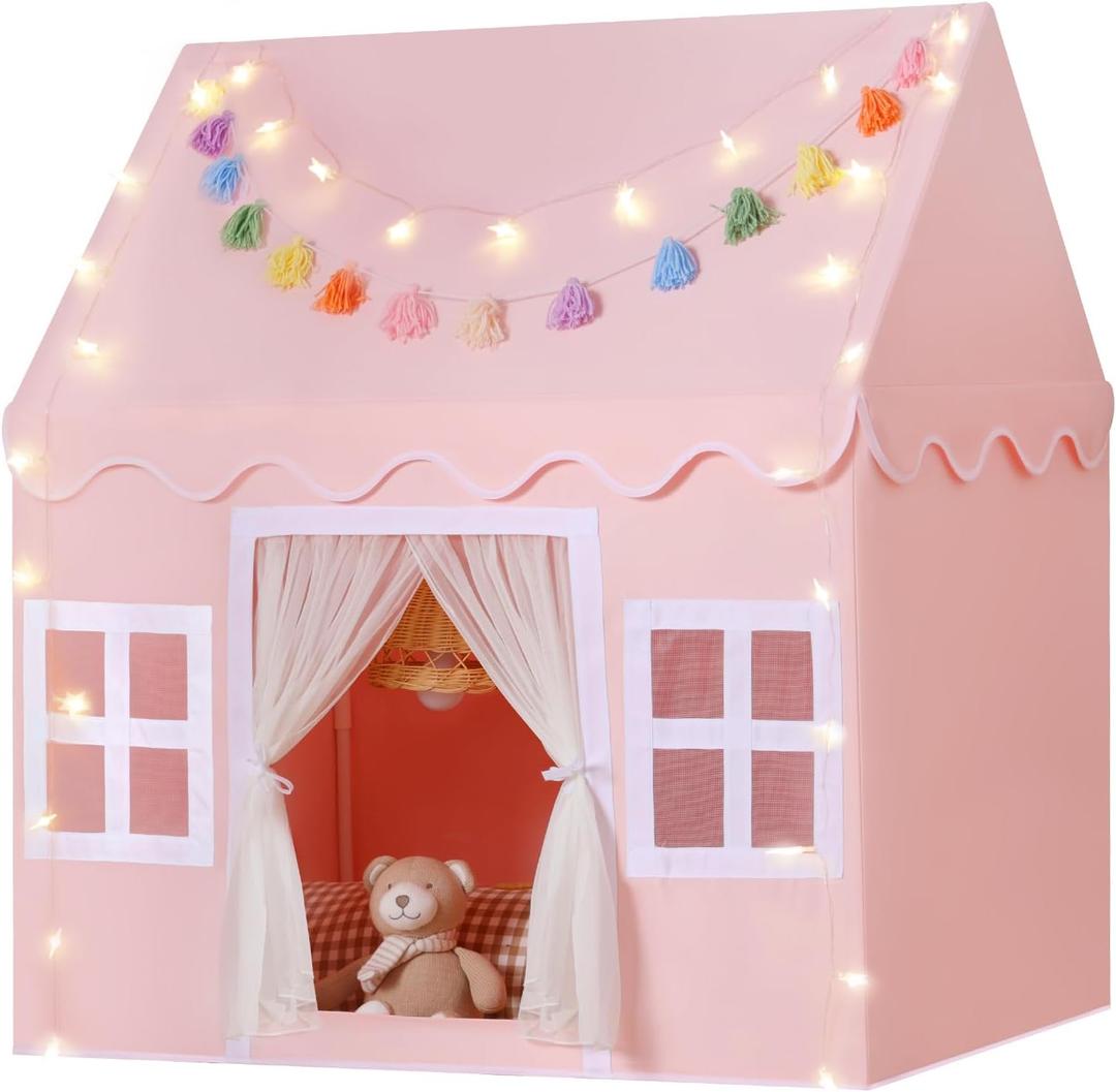 Kids Play Tent Indoor: with Mat, Tassel Garland, Star Lights - Pink Girls Tent Playhouse Kids Toys for Boy Girl Birthday Gift for Kids