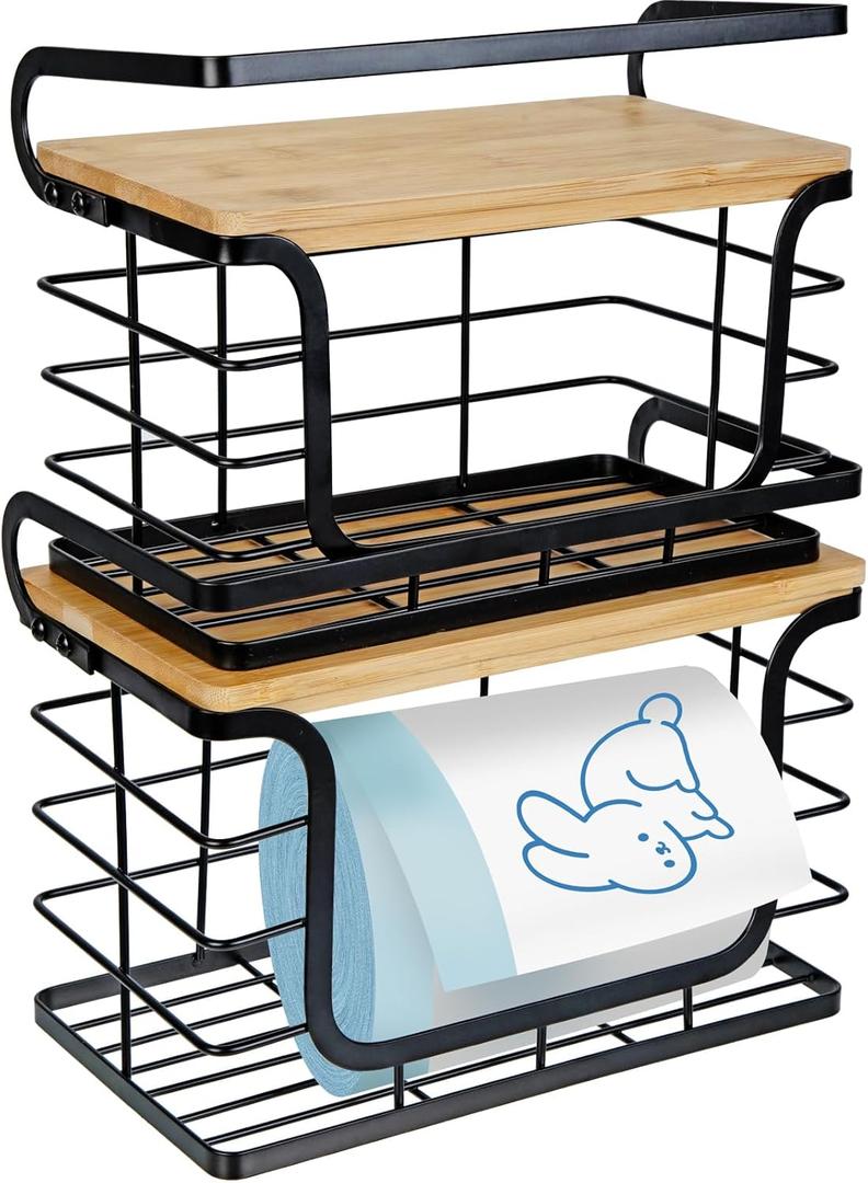 2 Pack Trash Bag Holder with Bamboo Top and Guardrail Wall Mount Stackable Standard Trash Bag Dispenser for Laundry Room Kitchen and Bathroom Organization and Storage