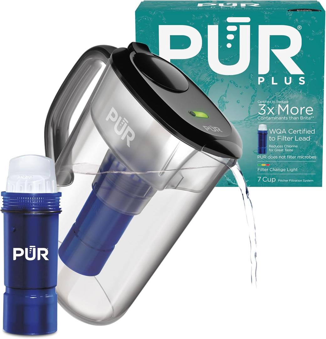 PUR Plus 7Cup Water Filter Pitcher, Cleaner, GreatTasting Water, Dishwasher Safe, Powerful, LeadReducing Filtration, LockFit Cap Design, Smoke