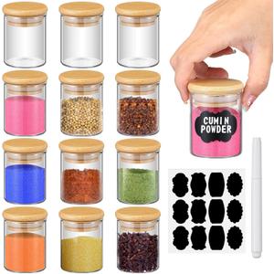 Roshtia Glass Spice Jars with Bamboo Airtight Lids Labels and Chalk Marker Food Storage Container Clear Spice Storage Bottle for Kitchen, Herbs, Seasoning, Seed, Tea, Sugar (12 Pcs,2.5 Oz)
