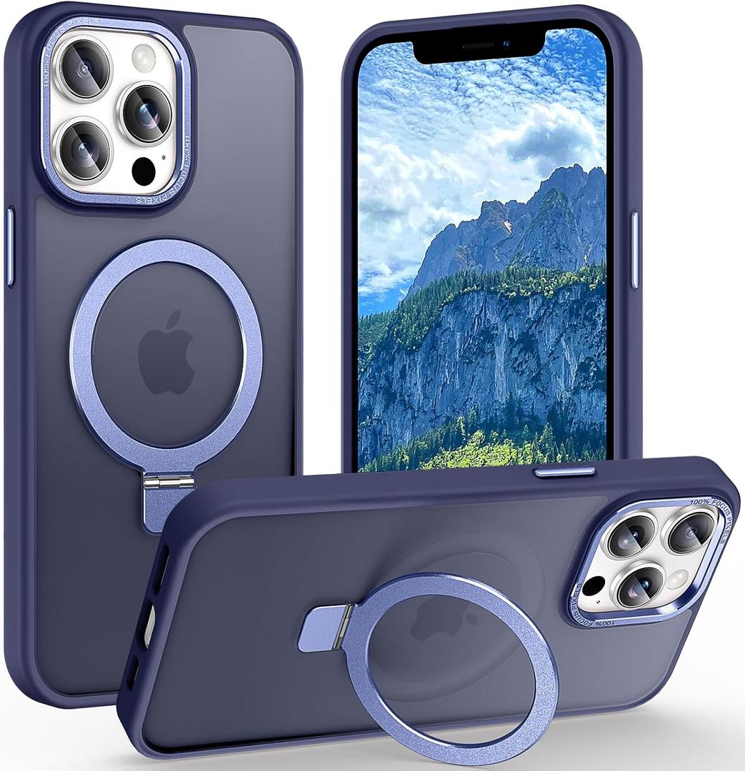 Magnetic for iPhone 12 Pro Max Case with Ring Stand, [10 FT Drop Protection] [Velvety Touch] Slim Translucent Matte Back Shockproof Phone Case for iPhone 12 Pro Max 6.7'', Blue