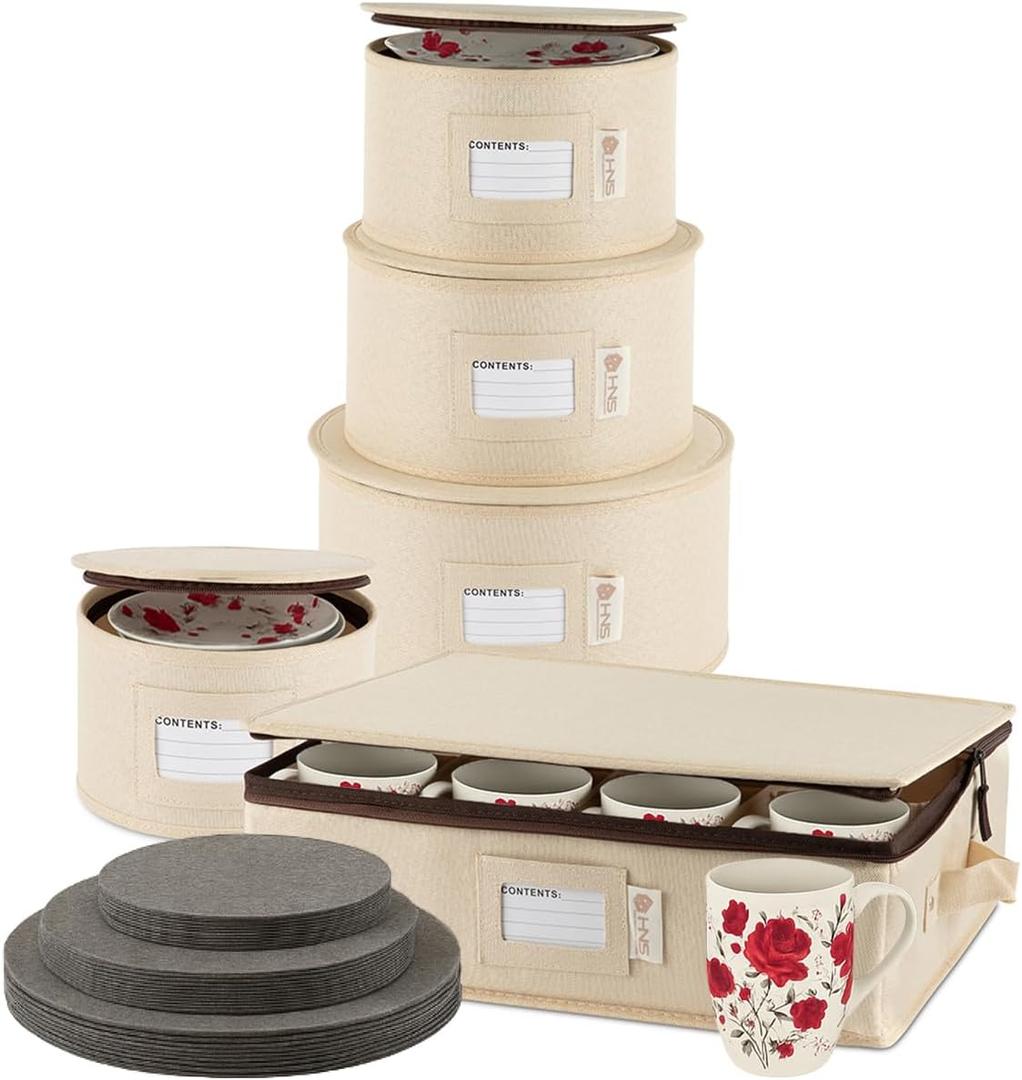Hard Shell China Storage Containers 5-Piece Set Moving Boxes for Dinnerware - Sturdy Dish Organizer with Extra 48 Dividers for Seasonal Storage - Service for 12 - Beige
