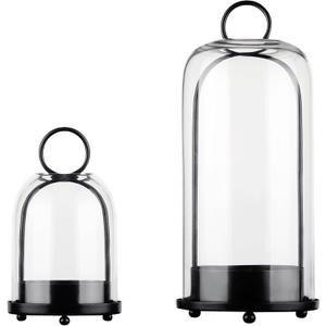 5" & 4" Wide Versatile Metal Candle Holder in Black with Handmade Thick, Heavy & Sturdy Glass Dome for Pillar Candle, Industrial, Modern, Shelf, Mantel, Veranda, Porch (Black, Large & Small)