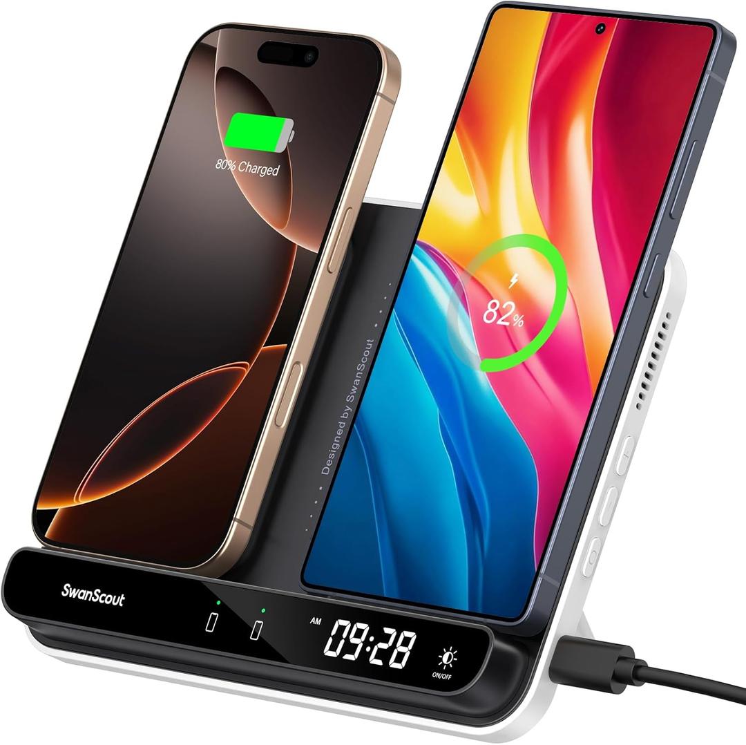 Dual Wireless Charger Stand, SwanScout 504, Foldable Wireless Charging Station Pad for iPhone 16/15/14 Series, Samsung Galaxy S25/S24/S23, Google Pixel 9/8/7, Android Phones, AirPods/Galaxy Buds