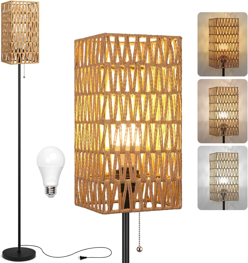 Floor Lamp for Living Room,Farmhouse Floor lamp,Modern Standing lamp with Hand-Worked Rattan Shade (Square Shade-3 Color Blub)