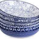 Selamica Porcelain 26 Ounce Pasta Bowls Set of 6, 8 inch Wide and Shallow Salad Bowls, Serving Bowls, Microwave & Dishwasher Safe, Sturdy & Stackable, Vintage Blue