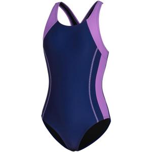 beautyin Girls Swimsuit One Piece Swimwear Athletic Competition Bathing Suit (9-10 Years, Navy/Purple)