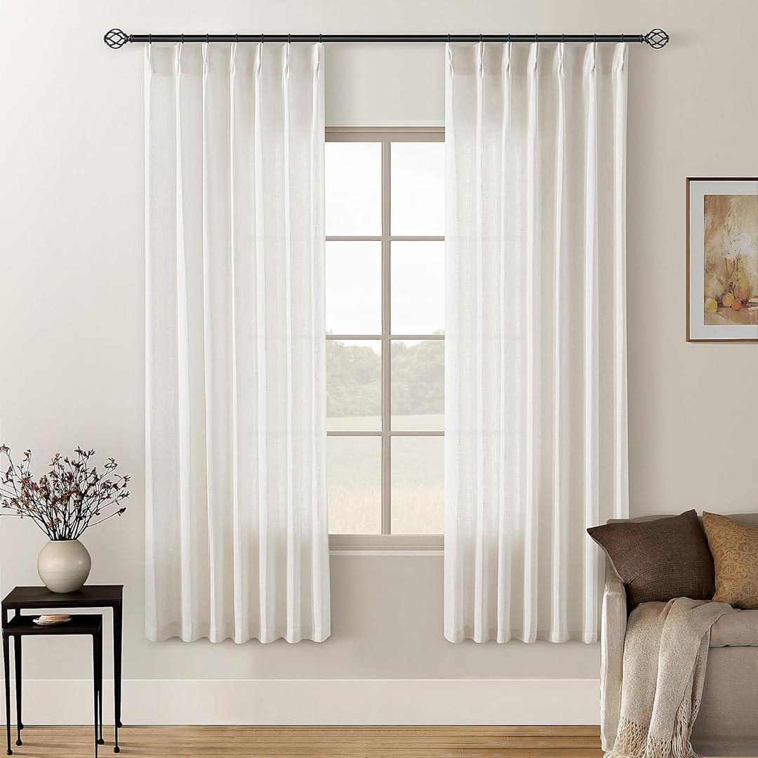 72 Inch Pinch Pleated Linen Curtains 2 Panels for Living Room Bedroom Memory Training Shaped Cream Birch Semi Sheer Short Pleat Drapes with Hooks Rings Back Tab Window Curtain Cabin Closet 40x72 (Natural)