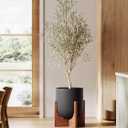 LE TAUCI 10 Inch Plant Pot with Acacia Wood Stand, Ceramic Planters for Indoor Plants, Plant Pots Indoor for Home Decor, Mid-Century Modern Pots for Plants with Drainage Hole and Plug, Charcoal Gray