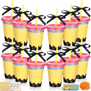 Jingmore 12 Set Teacher Appreciation Gift Card Holder Pencil Back to School Gifts Teacher Cups Bulk 16oz Reusable Plastic Cups with Lid Straw Thank You Cards First Day Gifts for Teachers