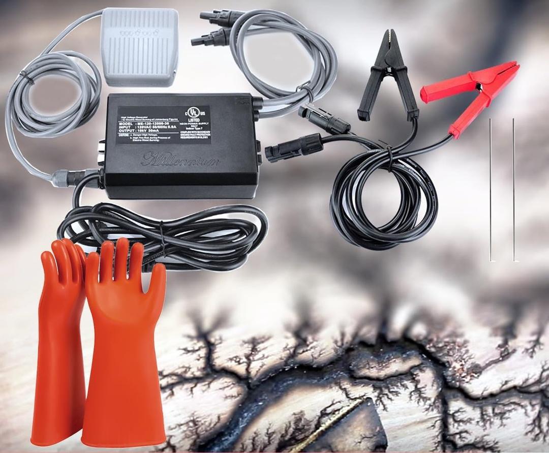 Lichtenberg Machine, Fractal Wood Burning Kit, 10KV 30mA Electric Wood Burner with Transformer, Rods, Clamps & Foot Pedal, with HIgh Voltage Insulating Gloves
