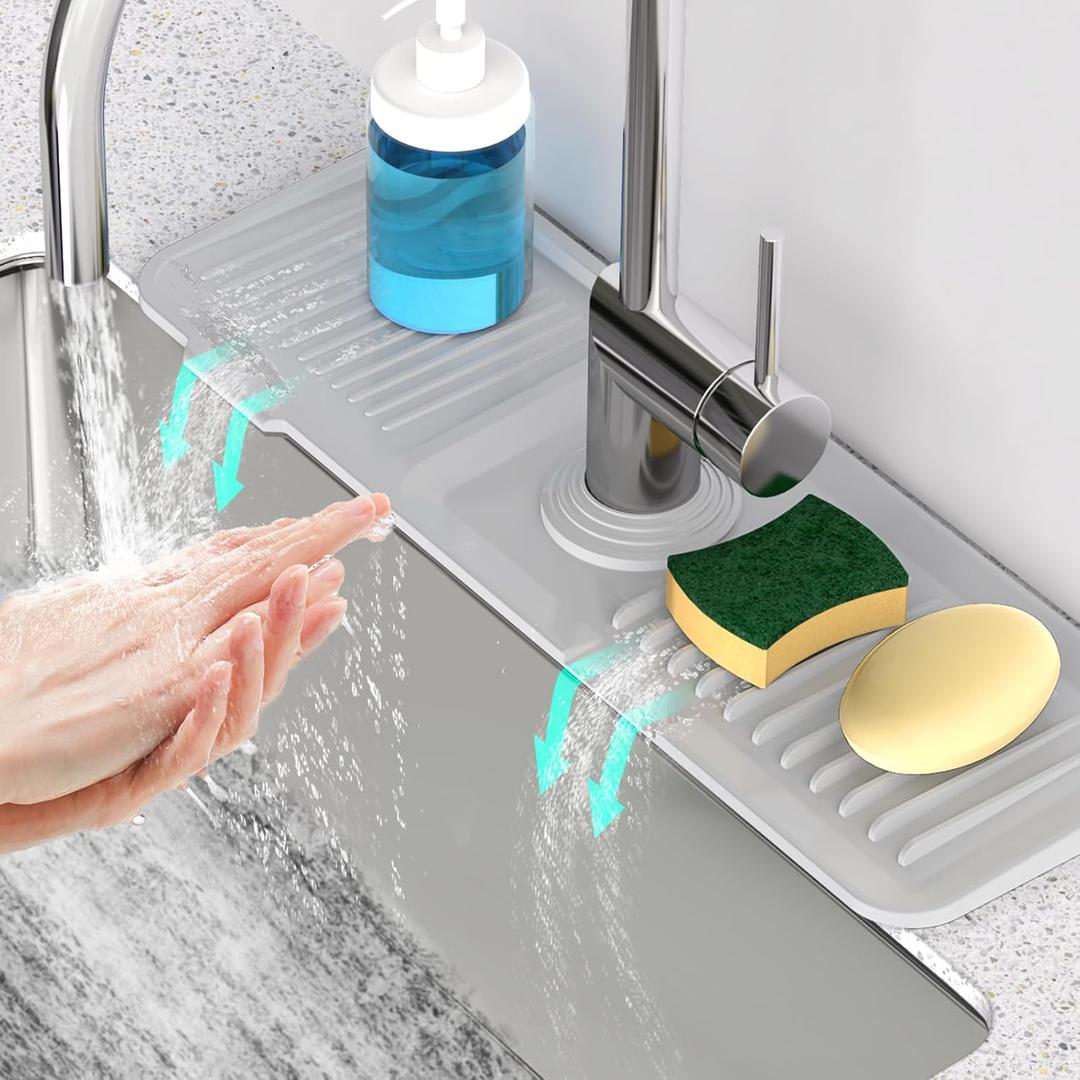 17.7'' Faucet Mat for Kitchen Sink [5Slope Fast Self-draining] Kitchen Sink Splash Guard Silicone Sink Faucet Mat Splash Guard Kitchen Sink Area Tidy Splash Faucet Guard Draining Mat-Light Gray