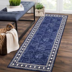 CAROMIO Runner Rug - Modern Bordered Hallway Runner, Washable Stain Resistant Non-Slip Carpet, Minimalist Border Floor Cover for Entryway, Navy, 2' x 6'