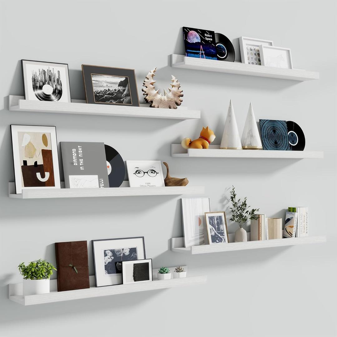 Fun Memories Picture Ledge Shelf, 36 Inch Long Floating Shelves Set of 6, Picture Shelf for Wall with Lip, Large Nursery Book Shelves for Storage, Wall Shelves for Living Room Bedroom Kitchen, White