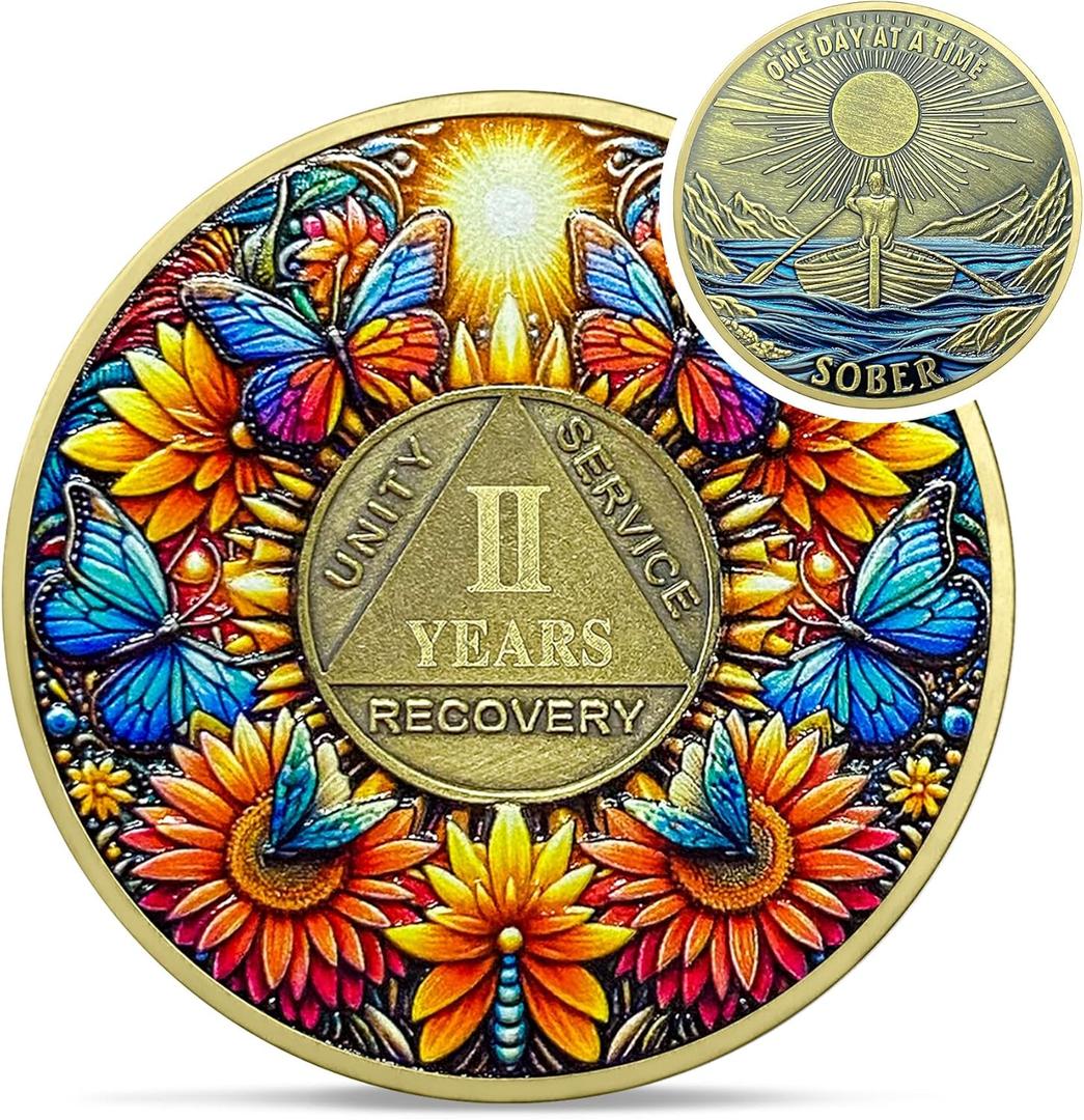 Delicate Sunflower 2 Year Sobriety Coin - Two Year Recovery Butterfly AA Coins - One Day at A Time NA HA AA Chips and Medallions - 1-40 Years Living Clean Alcoholics Anonymous Gifts for Men Women