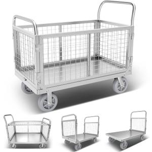 Platform Truck Cart with Cage, Multipurpose 6 in1 Foldable Flatbed Cart Heavy Duty Push Cart Dolly W/Swivel Wheels 2000lbs Capacity Utility Hand Cart for Grocery/Laundry/Stall/Storage (39"x24"-2000lbs)